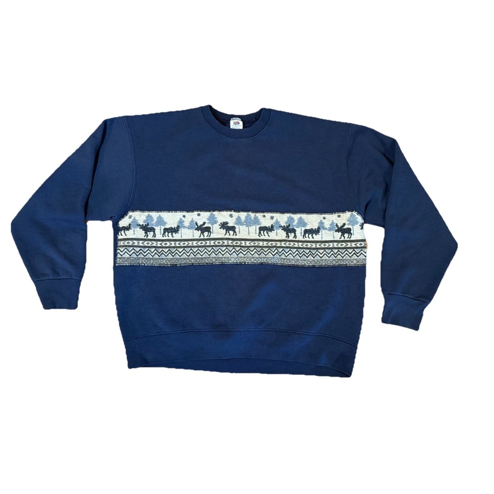 Vintage 80s 90s Navy Blue Moose Sweatshirt Sz XL Grandma Mountains Fruit Of Loom